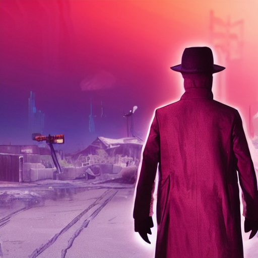 Mysterious Figure Wearing A Synthwave Trenchcoat. Movie Stil...