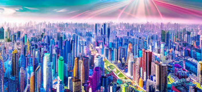 Helicopter Photo Of A Colorful Utopian City, Giant Transluce...