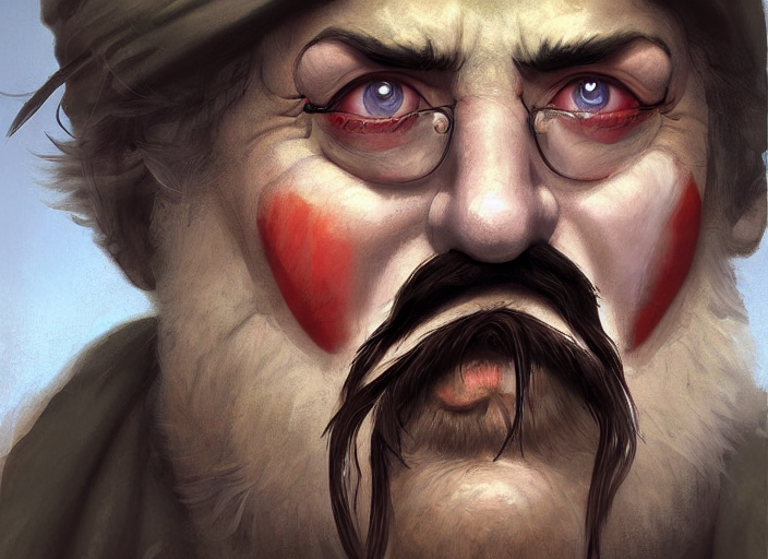 Oil Matte Portrait, Mustache Man In Rags With Clown Wig And...