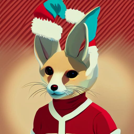 Fennec Fox Wearing A Santa Hat On Their Head, Clean Cel Shad...