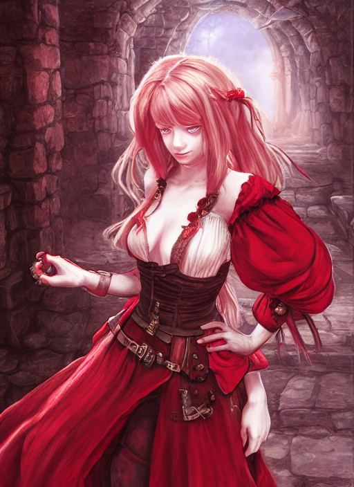 A Portrait Of Girl Minstrel In Red Dress, Fantasy, Dungeons...