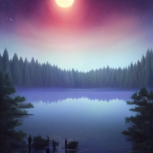 Digital Painting Of A Lake Surrounded By Forests At Night, M...