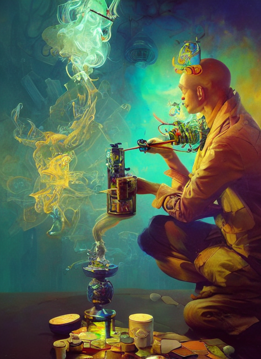 Beautiful Painting Of A Psychedelic Alchemist Smoking A Bong...