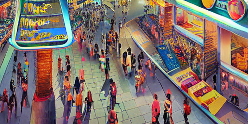 Areal View Of Open Shopping Mall District Full Of Robots, Pe...