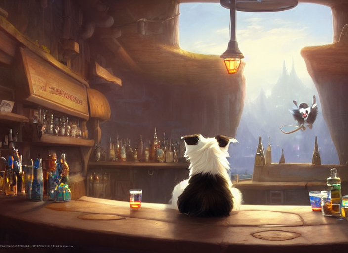 Grumpy Border Collie Sitting In A Bar, Fantasy, Concept Art,...