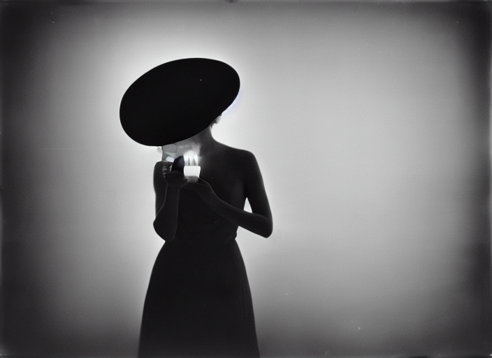 Mistic Silhouette Of A Woman In Big Hat And Flowers In Hands...