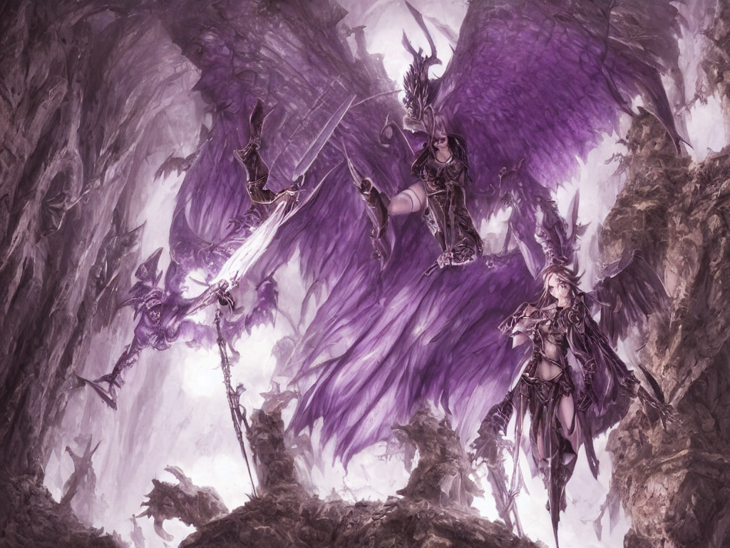 Flying Succubi In A Medieval Dungeon, Purple Armor, Purple B...
