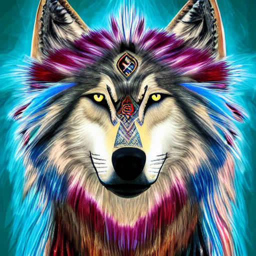 Beautiful Tribal Spirit Wolf With Long Flowing Colorful Fur...