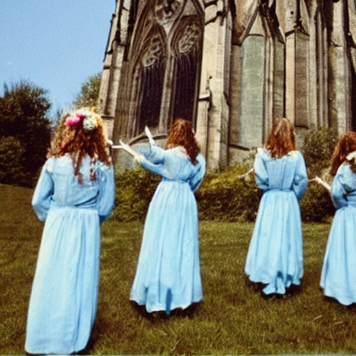 Procession Of Girls Dressed In Pale Blue. Flowers In Their H...