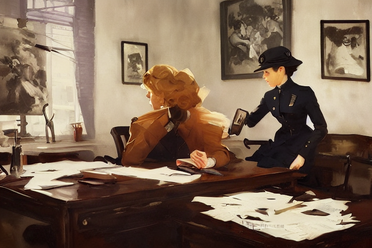 1 9 Century, Police Office, Papers On The Table, Clock, Refl...