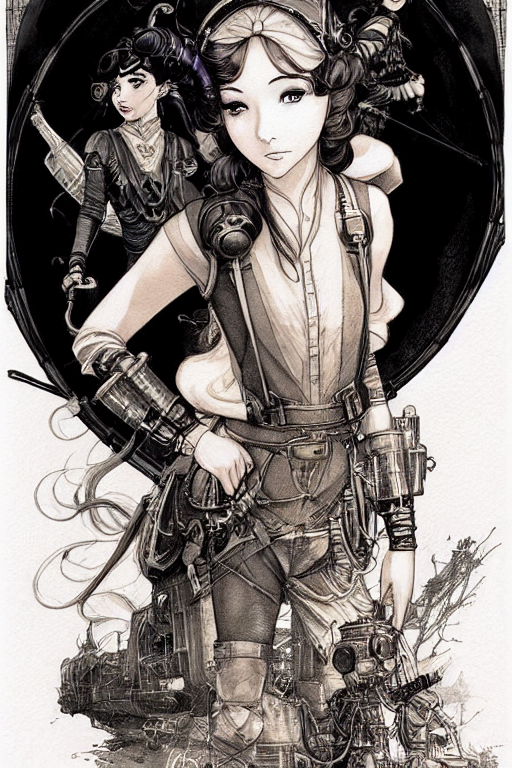 Beautiful Ink Sketch, A Fantasy Young Girl In Ww 1 Dieselpun...