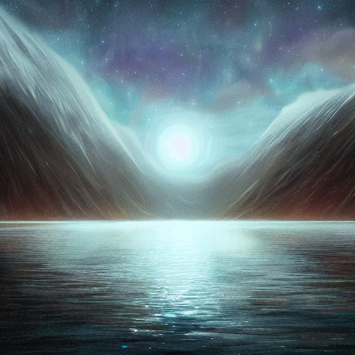 Digital Painting Of A Beautiful Nordic Fjord At Night, Moonl...