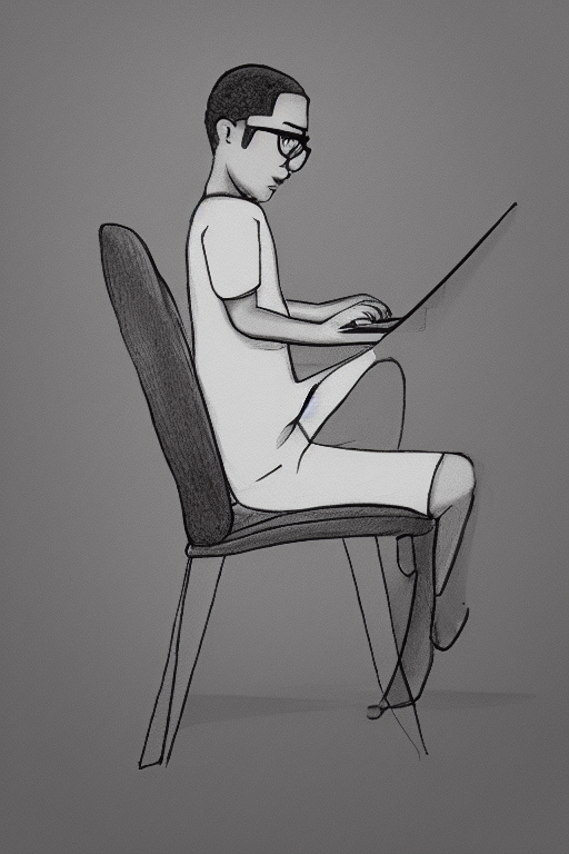 Lonely And Happy Black Child Sit On Office Chair, Drawing Us...