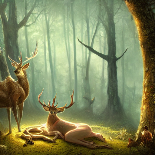 Cute Stag Sleeping With Her Stag Mother In Magistral Forest,...