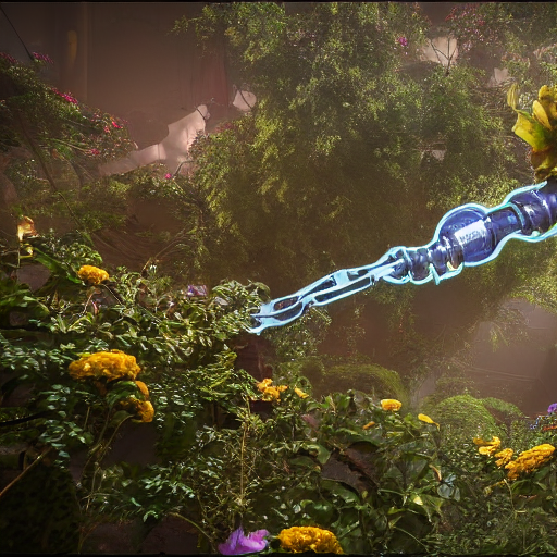 A Mechanical Arm Reaching Out Of The Earth, Covered In Flowe...