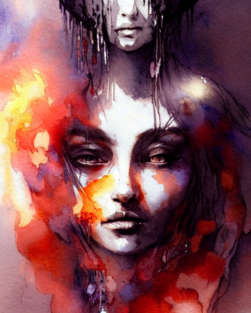 Water Priestess Cloaked In Ethereal Fire And Smoke, Watercol...