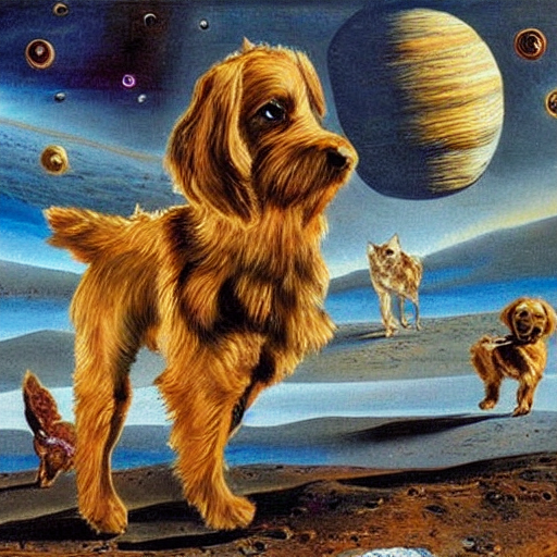 Cute Dogs On Space Landscape By Salvador Dali — Stable Diffusion AI Prompt: cute dogs on space landscape by salvador dali