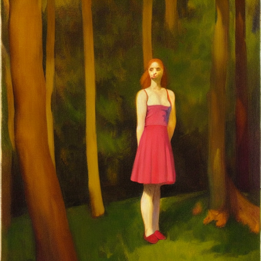 A Painting By Edward Hopper Of A Girl In A Forest, Dark Surr...