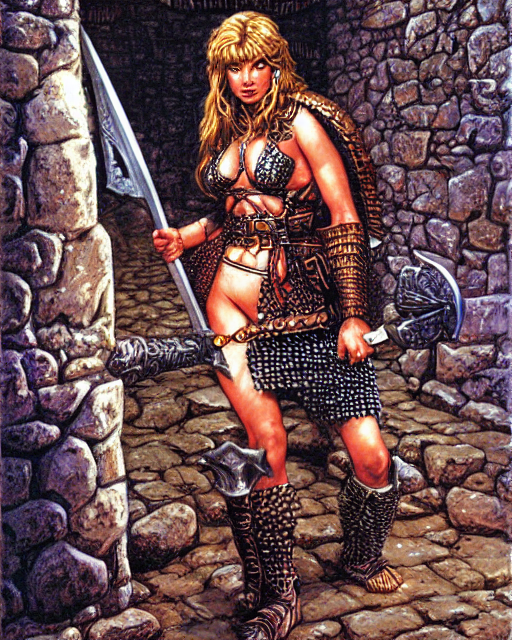 Large Female Barbarian Wearing Chainmail Inside A Dungeon, D...