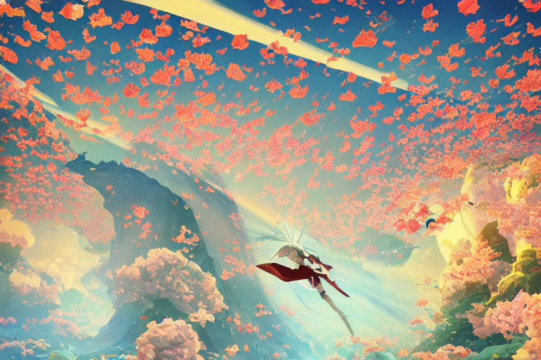 A Floating Continent In A Thunderstorm Of Cherry Petals. Sha...