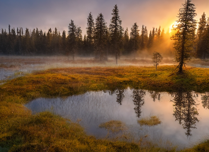Nordic Mire With A Dancing Foremother Who Haunts, Scenic Sun...