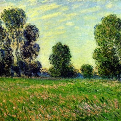 A Impressionist, Pastoral Painting Of A Grassy Field With Tr...