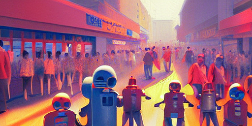 Robots Walking Through Crowds Of People In An Open Mall Stre...