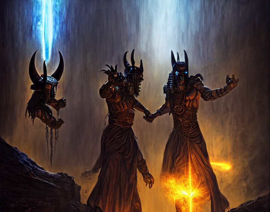 A Dark Magus Faces Off Against A Vicious Anubis, By James Gu... — Stable Diffusion AI Prompt: a dark magus faces off against a vicious anubis, by james gurney, cyberpunk, sci...