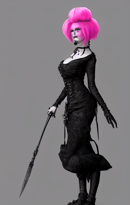 A  Vampiric  Woman With Pink Hair And Goth Makeup  Posing In...