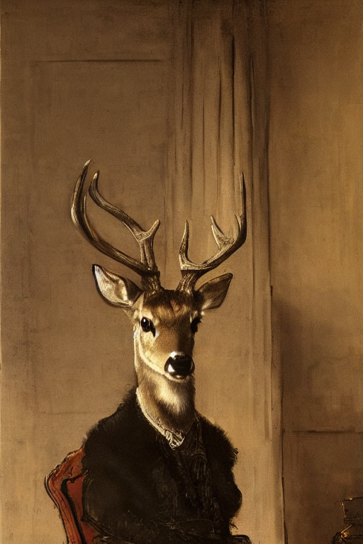 A Portrait Painting Of A Buck In Suit Sitting On A Chair Nea...