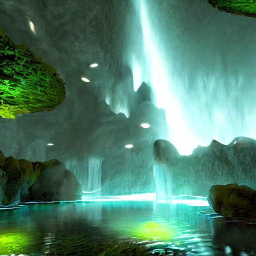 A Giant Cave With Bioluminescent Plants, Waterfall, Highly D...