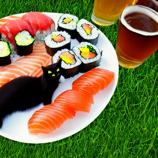 A Tray Of Sushi And A Beer Can On A Big Round Garden Table O...