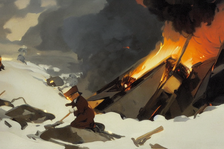1 9 Century, Airplain Crashed And Fire On The Snow, Black Sm...