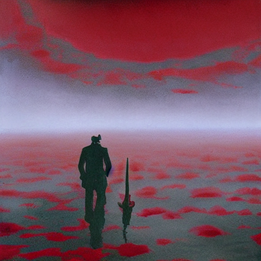 A Man In Old - Fashioned Attire Walking Waist - Deep In An I... — Stable Diffusion AI Prompt: a man in old - fashioned attire walking waist - deep in an infinite sea of crims...