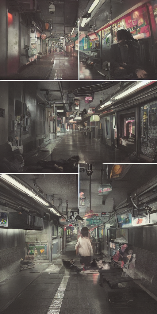 3 Panel Scene, Anime Cat Sleeps In Japan Subway At Dark Nigh...