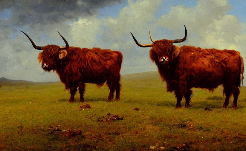 Oil Painting By Albert Bierstadt Of A Single Highland Cow.