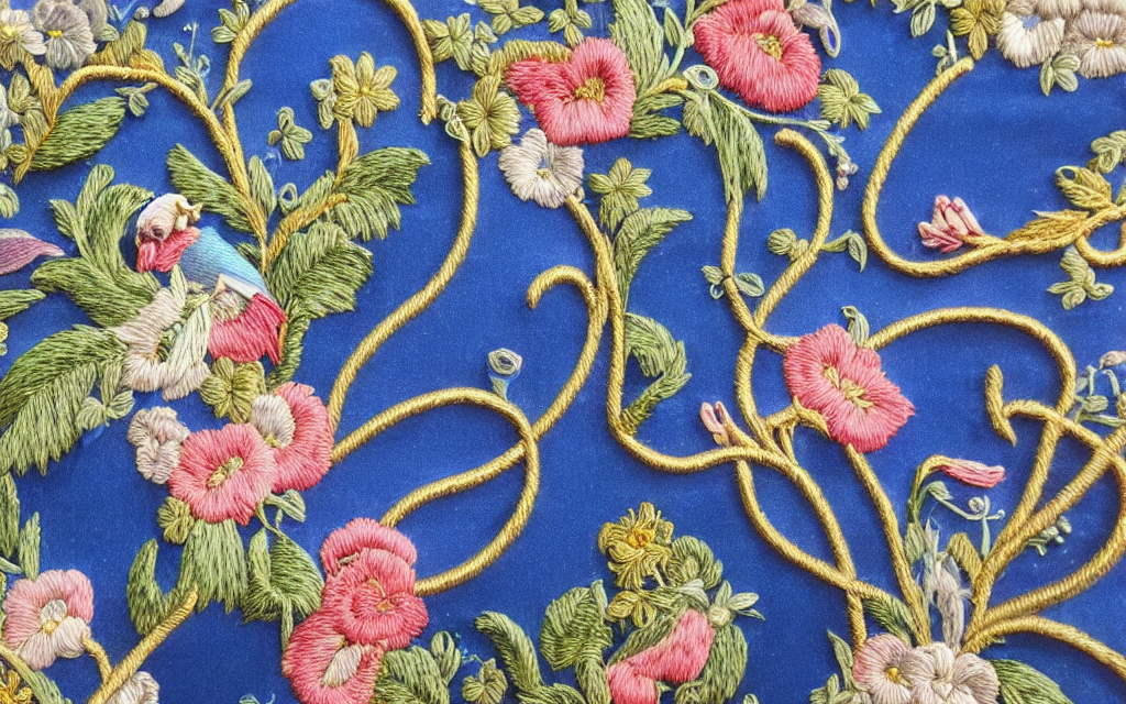 Beautiful Elaborate Ornate Silk Ribbon Embroidery On Blue Ve...