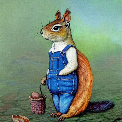 A Squirrel Farmer Wearing Blue Jean Overalls. Dreamlike Digi...