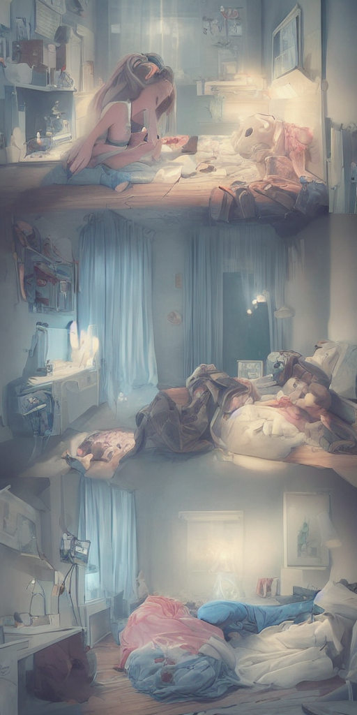 3 Panel Scene, Girl Sleeps With A Cat In A Cozy Bedroom - Dr...