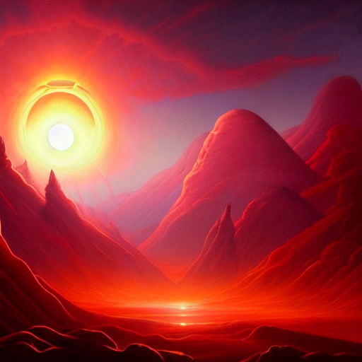 A Painting Of A Landscape With A Red Sky With A Sun Eclipse,...