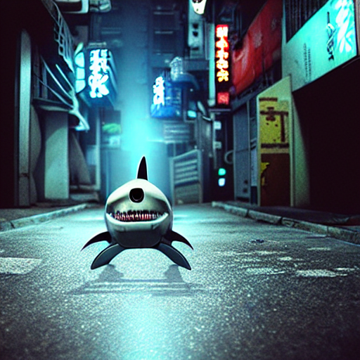 Realistic Shark Robot Crawling Out Of The Sewer On Neo Tokyo...