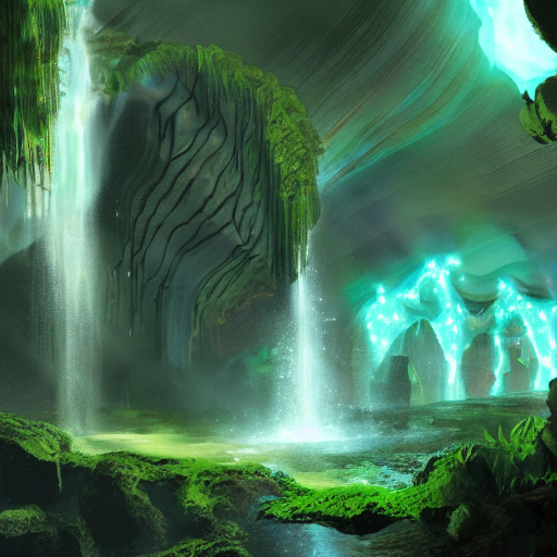 Photorealistic Concept Art Of A Giant Cave With Bioluminesce... — Stable Diffusion AI Prompt: photorealistic concept art of a giant cave with bioluminescent plants and waterf...