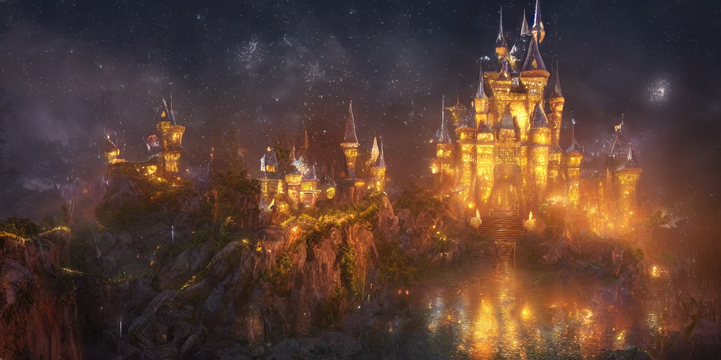 A Glittering Fairy Castle At Night, Extremely Detailed Oil P...