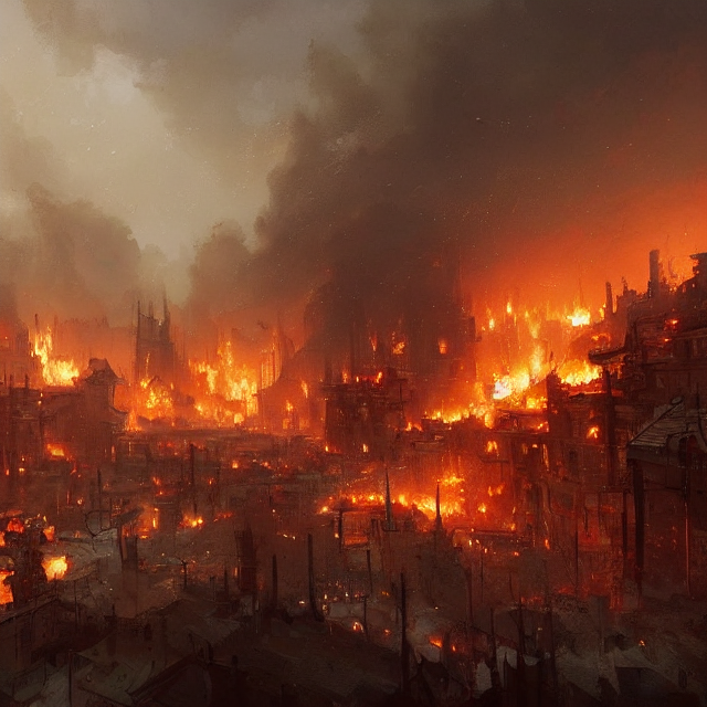 A Painting Of A Burning Village By Greg Rutkowski, Dark Fant...
