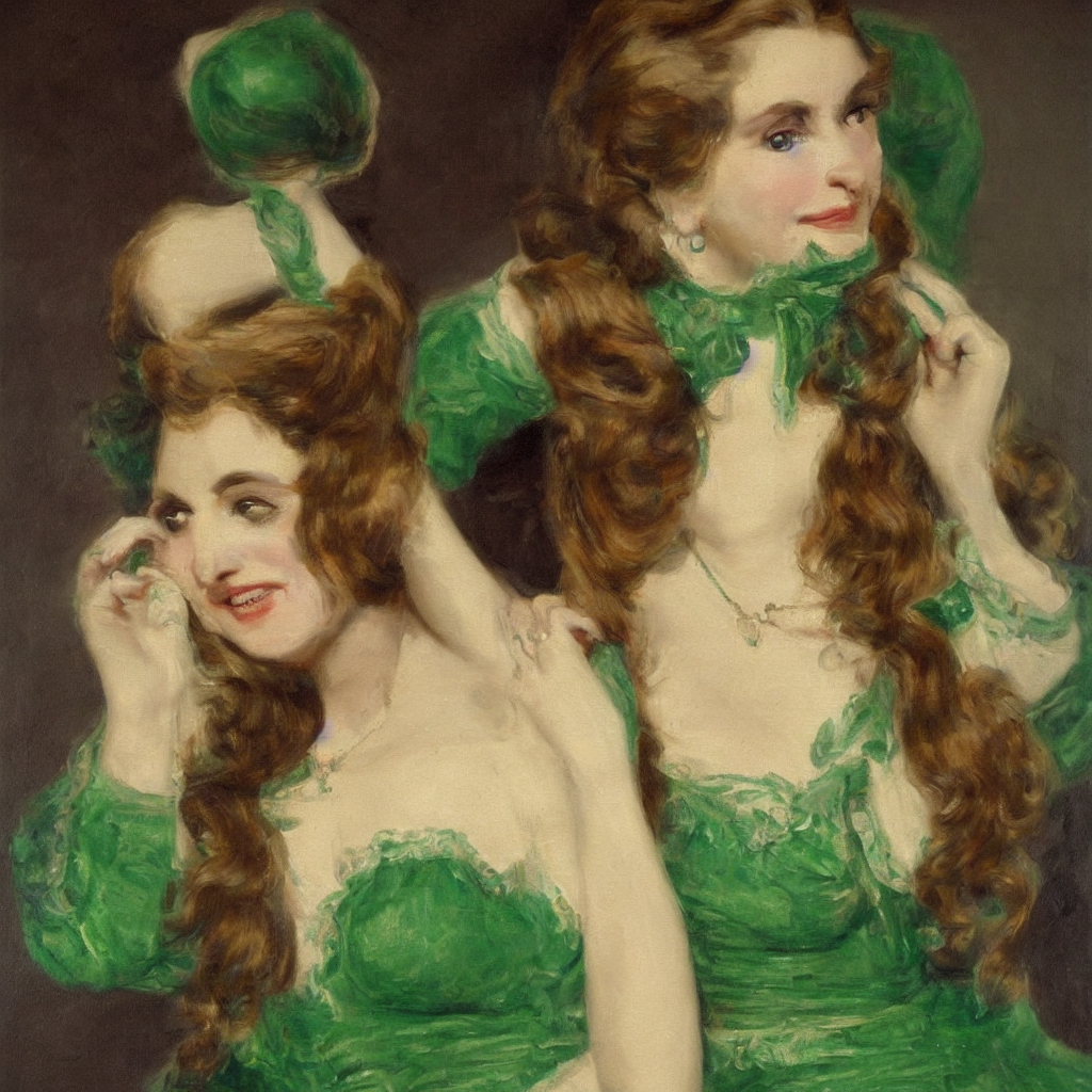 A Detailed Painting Of A Panicked Woman Wearing A Green Ball...
