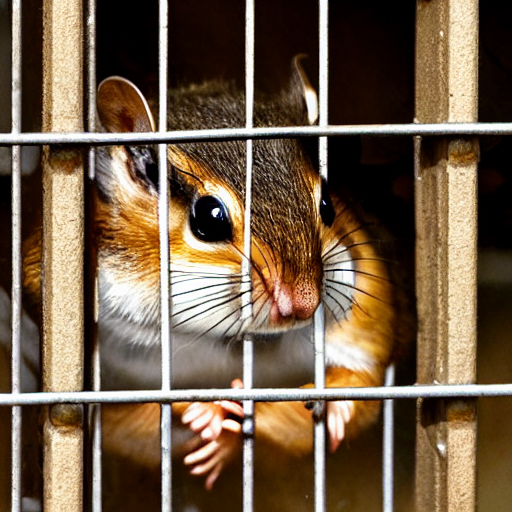 A Sad Tiny Cute Chipmunk Inside A Prison Cell Behind Bars, B...
