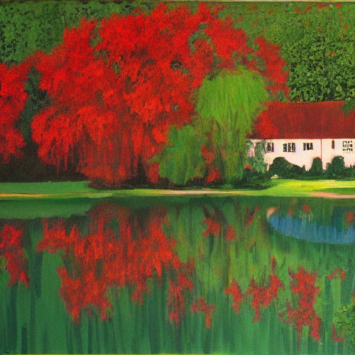 A Moated, Arboresque Painting Of A Red House In A Wooded Are...