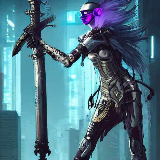 Grimes In Medieval Cyberpunk Armor Holding A Sword In Her... — Stable Diffusion AI Prompt: [ grimes in medieval cyberpunk armor ]! holding a [ sword in her hand ]! looking...