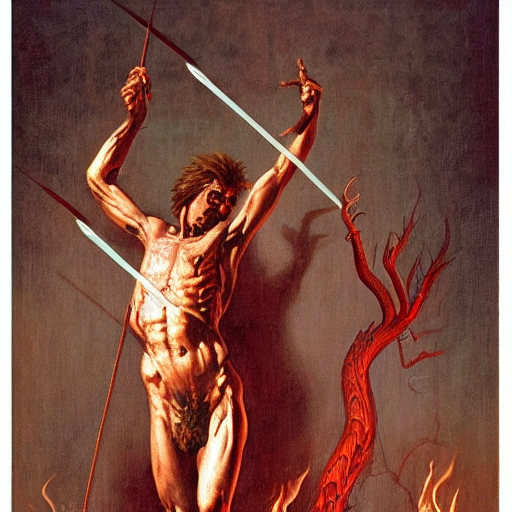 Oil Painting Of Saint Sebastian Shot With Brown Arrows A Hum... — Stable Diffusion AI Prompt: oil painting of saint sebastian shot with brown arrows a human pincushion engulf...
