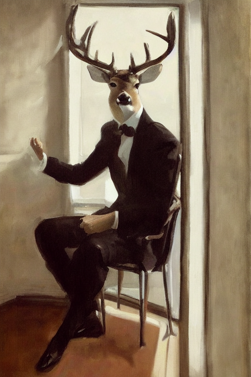 A Portrait Painting Of A Male Deer In Suit Sitting On A Chai... — Stable Diffusion AI Prompt: a portrait painting of a male deer in suit sitting on a chair near a window, by...